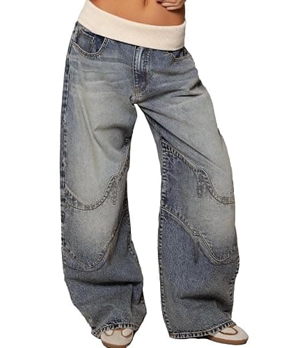 Raboolion Women's Y2K Low Waist Baggy Cargo Denim Pants Loose Fit Patchwork Wide Leg Streetwear Vintage Boyfriend Jeans - Image 1