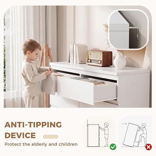 Orgobysol 6 Drawer Double Dresser for Bedroom, Modern Simply Chest of Drawers, Wood Storage Dresser with Anti-Tipping for Living Room Hallway Entryway, Nursy White (15.3" D x 47.2" W x 32.3" H) thumbnail 6