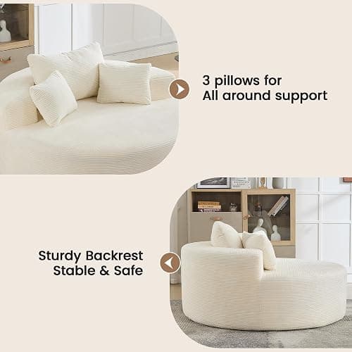 55" Oversized Round Chaise Lounge Indoor, Corduroy Boneless Bean Bag Chair, Compressed Cloud Floor Sofa, No Assembly Comfy Oversized Round Chair Fluffy Accent Chair for Living Room Bedroom, Beige thumbnail 6
