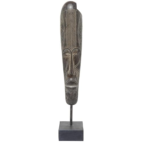 Deco 79 Polystone Mask Decorative Sculpture Slim Carved African Tribal Home Decor Statue with Block Base, Accent Figurine 5" x 6" x 30", Brown - LARGE SIZE - Brown - Image 1