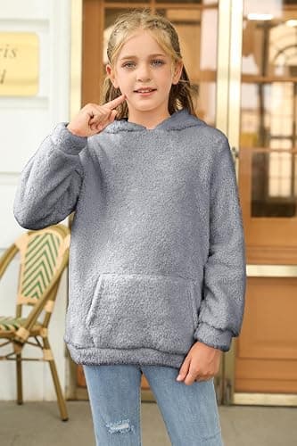 Haloumoning Girls Fuzzy Fleece Pullover Hoodies Sweatshirt Casual Loose Outwear Coat with Pockets 4-15 Years thumbnail 3