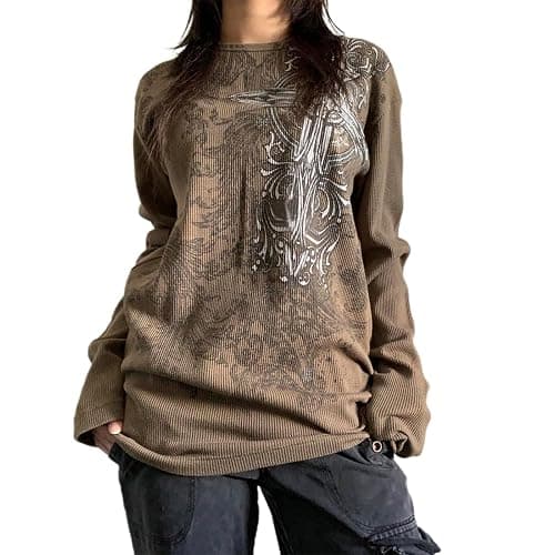 Women Vintage Fairy Grunge Y2K Long Sleeve Shirt Skull Graphic Printed Gothic Tee Tops Aesthetic Harajuku Tops - Image 1