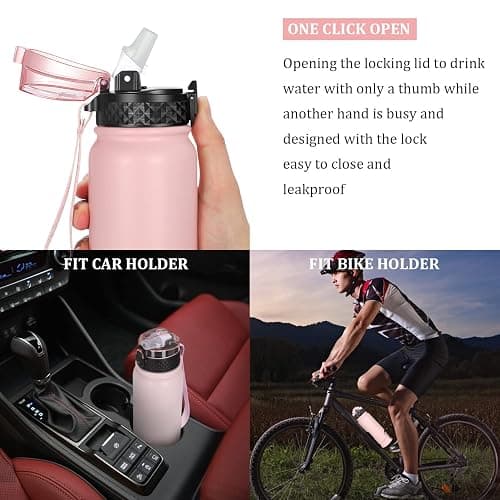GOPPUS 600ml/20oz Stainless Water Bottle with Straw Double Wall Insulated Bottles with Strap One Hand Open Vacuum Thermal Flask Leakproof Keep Cold Drinks Bottles with Flip Top Lid BPA Free for Adults thumbnail 5