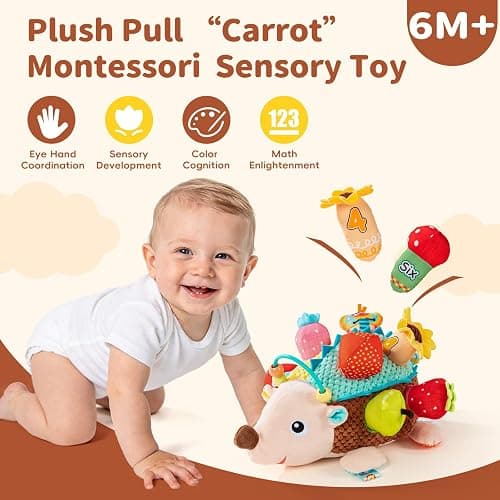 Jollybaby Montessori Sensory Hedgehog Toys for Baby 6-12-24-36 Months | Soft Plush Stuffed Pull Carrots Toy with Rattle & Crinkle, Preschool Education Learning Toy for 1 Year Old Birthday Gifts - Image 1