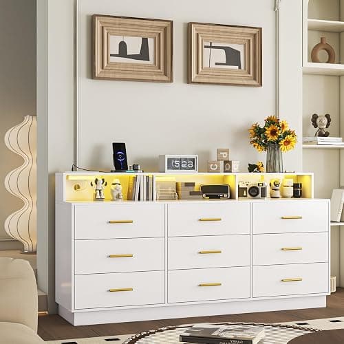 knoworld White 9 Drawer Dressers for Bedroom, Modern Large Dresser with LED Light and Power Outlet, Wooden Long Dresser, Triple Dressers for Bedroom, Living Room, Entryway, Hallway - Image 1