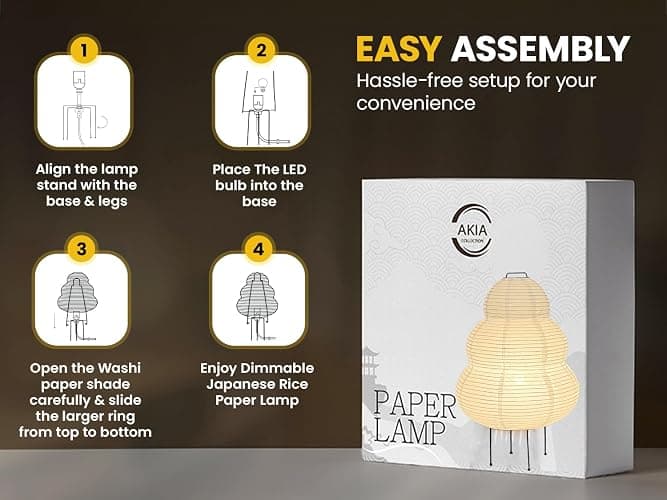 Akia Collection Noguchi Akari Rice Paper Lantern Lamp - Dimmable Japanese Table Lamp with Washi Paper Shade, Bulb Included - Japandi Bedside, Desk Light thumbnail 5