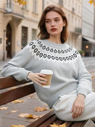 Womens Vintage Fair Isle Knit Sweater 2025 Fall Long Sleeve Crewneck Lightweight Pullover Top Sweaters thumbnail 3