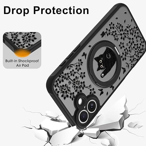 Heaofei Cute Case for iPhone 16 Plus Case with Stand [ Compatible with MagSafe ] Kawaii Black Cat & Floral & Butterflies Pattern Design 360 Magnetic Ring Kickstand Phone Cover for Women Girls Boys thumbnail 6