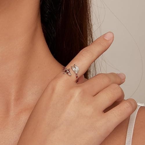 WOSTU Animal Open Adjustable Ring Playful Cat Dachshund Snake Koi Fish Hummingbird Bat Heart Feather Stacking Ring for Women, Sterling Silver Plated Pet Memorial Jewelry Gift for Cat Lovers thumbnail 2