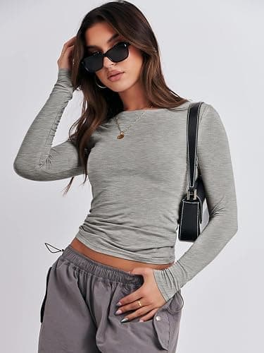 ANRABESS Women’s Long Sleeve Shirts Tight Fitted Going Out Crop Tops Crewneck Basic Tee Y2k Outfits Teens Girls Clothes thumbnail 2