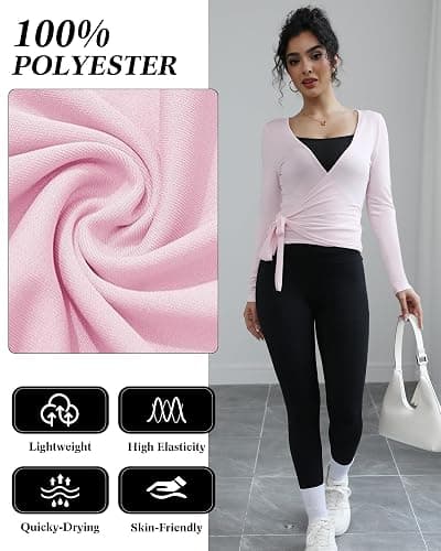 Simlakey 3 Pack Women Ballet Pilates Wrap Tops Y2K Workout Yoga Wrap Shirts Dance Long Sleeve Tie Front Crop Going Out Tops thumbnail 4