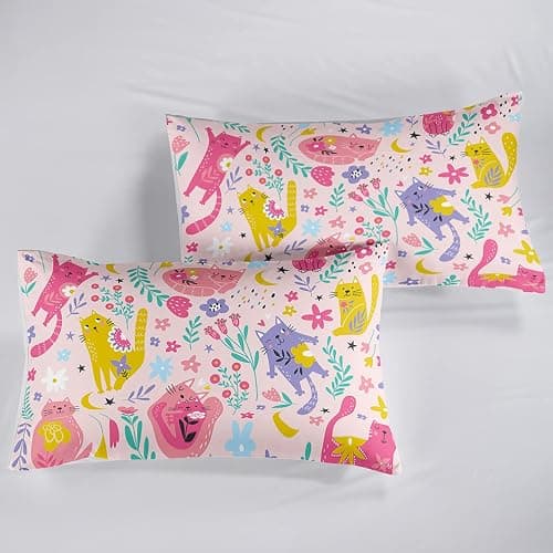 QOOMO Floral Cat Comforter Twin Size,Pink Cat Bedding Set for Kids Teens Girls,3Pcs Bedding Set Printed Comforter with 2 Pillowcases,Down Alternative,Soft and Lightweight(Pink，Twin Size) thumbnail 6