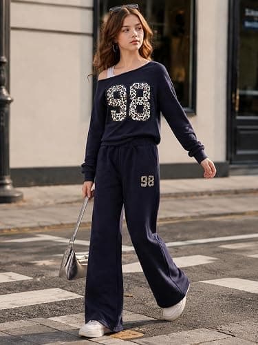 Kxuryueo Tween Girls Clothes Off The Shoulder Sweatshirt and Wide Leg Sweatpants Sweatsuit Size 7-14 thumbnail 4