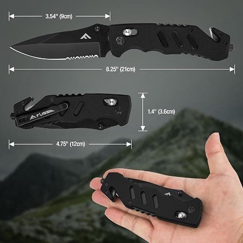 FLISSA Folding Pocket Knife with Clip, Glass Breaker and Seatbelt Cutter, Survival Knife for Emergency Rescue Situations, EDC Knife for Tactical, Hunting, Camping, Outdoor, Unique Gifts for Dad, Father-Black thumbnail 3