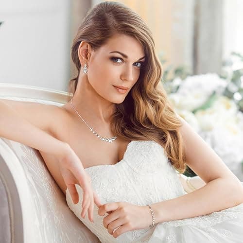 Jstyle Silver Plated Jewelry Set for Women Rhinestone Crystal Necklace Drop Earrings Link Bangle Bracelet Bridal Wedding Jewelry Sets for Brides Bridemaid Prom Costume Accessories thumbnail 3
