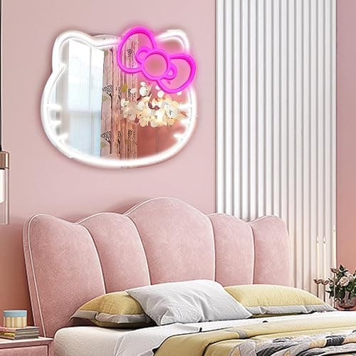 MCJSGSP Anime Hello Kit Mirror with Light Neon Signs for Wall Decor, Teen Girl Gift，Makeup Mirror neon Sign Room Decor (9.4 * 11.9 inch) thumbnail 5