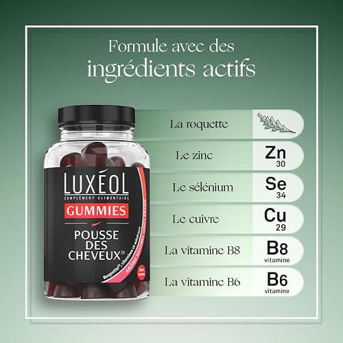 Luxéol - Gummies Pousse Cheveux - Complément Alimentaire - Stimule Le Bulbe Capillaire - Plante, Minéraux, Vitamines - Arôme Fraise, Sans Sucres - Fabriqué En France - Programme 1 mois - 60 Gummies thumbnail 4