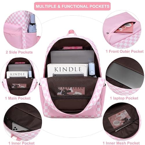 Sugaroom Pink Checkered Backpack with lunch box for Girls with Lunch Box Lightweight School Backpack Kids Bookbags Preschool Primary Elementary Students School Bags Set (Checkered Pink) thumbnail 4