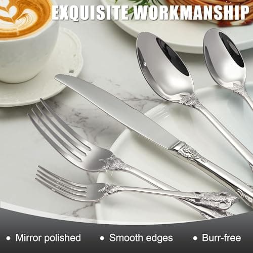 BEWOS 30 Stück Silber Palast Besteck Set, Hochwertig Edelstahl Besteck, Geprägte Design-Griffe, Bankett Essbesteck, Atemberaubend Poliert & als Geschenk Verpackt, Spülmaschinenfest thumbnail 4