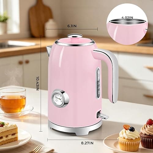 SUSTEAS Electric Kettle - 57oz Hot Tea Water Boiler with Thermometer, 1500W Fast Heating Stainless Steel Pot, Cordless LED Indicator, Auto Shut-Off & Boil Dry Protection, Pink thumbnail 3