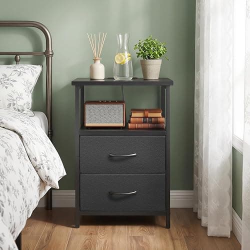 Fixwal Black Night Stand with Charger Station, Nightstand with Charging Station & Fabric Drawers thumbnail 5