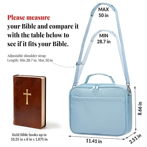 SUNEE Bible Cover for Women, Large Bible Bag w/Shoulder Strap Carrying Book Case w/Pen Slots and Zippered Pocket, Gift for Women & Men, Blue thumbnail 2