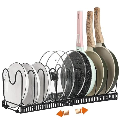 ROOHUA Pot Rack -Expandable Pan Organizer for Cabinet, Lid Holder with 10 Adjustable Compartment for Kitchen Cabinet Cookware Baking Frying Rack - Image 1