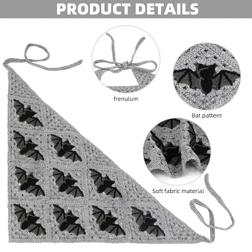 BQSAZHYJ Gothic Crochet Headbands Bat Pattern Bandana for Women, Cotton Knit Triangle Headband Greyscale Halloween Style Head Scarf Christmas Vintage Crochet Hair Styling Decor thumbnail 4