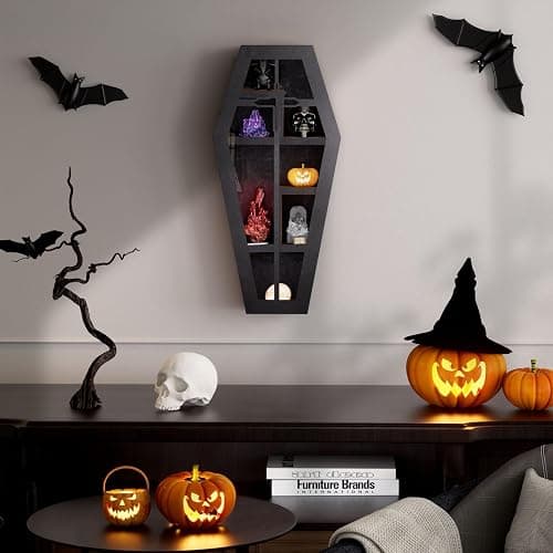 Qmetalart Coffin Shelf with Acrylic Dust Cover, Wooden Gothic Decor for Display or Storage Rocks Mini Figures, Cross Cut-Out Design, Wall Hanging & Tabletop Crystal Display Shelf Gothic Home Decor thumbnail 2