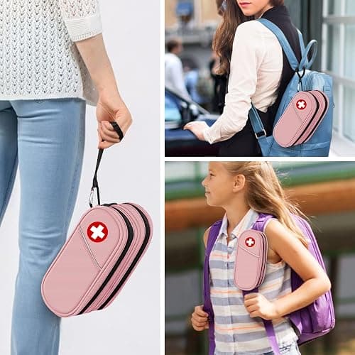 SITHON Double-Layer Epipen Carrying Case, Travel Medication Organizer Bag Emergency Medical Pouch Holds 2 EpiPens, Asthma Inhaler, Anti-Histamine, Auvi-Q, Allergy Medicine Essentials, (Pink) thumbnail 6