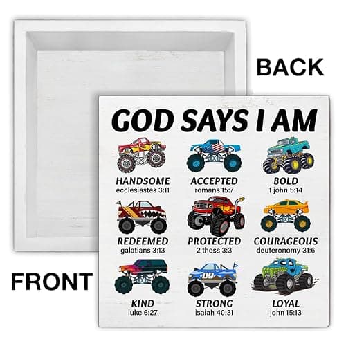 Christian Inspirational Sign God Says I Am Truck Wooden Sign Bible Verse Vehicle Car Decor for Teen Boy Room Playroom Home Bedroom Shelf 5 X 5 Inches thumbnail 4