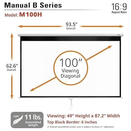 Elite Screens Manual B, 100-INCH Manual Pull Down Projector Screen Diagonal 16:9 Diag 4K 8K 3D Ultra HDR HD Ready Home Theater Movie Office Presentation, M100H - 100 INCH thumbnail 9