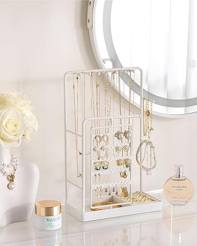 ProCase Jewelry Stand Holder Organizer, Jewelry Display Storage with Ring Tray, Rotating Earring Bracelet Necklace Holder, Valentine's Gifts Room Dorm Decor for Teen Girls -White (No-Assembly) thumbnail 2