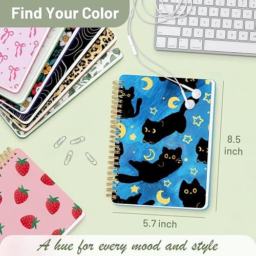 Stanoha Cute Spiral Notebook A5 Journal for Women Girls Kawaii Aesthetic Pretty Floral Design with Pocket, 8.5 x 5.7 inch, Line, Blue Black Cat thumbnail 3