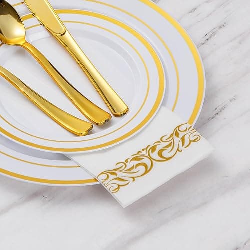 Goodluck 200-Pack Linen-Feel Disposable Guest Towels – Soft and Absorbent Paper Hand Towels for Bathroom or Kitchen – Elegant White Napkins with Gold Design for Parties, Weddings, Dinners Events thumbnail 4