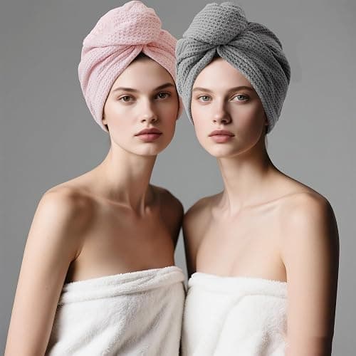 ROLSHOL 2 Pack Microfiber Hair Towel Wrap for Women, 32" x 11" Waffle Weave Hair Plopping Towel for Curly, Long & Thick Hair, Anti-Frizz Hair Turbans for Wet Hair (Pink, Grey) thumbnail 2