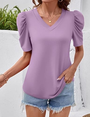 IECCP Women V Neck T Shirts Puff Short Sleeve Tops Fashion Dressy Casual Tunic Loose Fit Blouses thumbnail 2