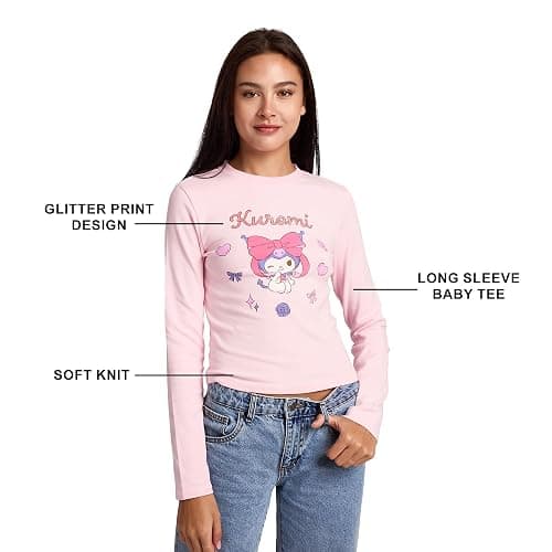 Bioworld Kuromi Character & Hearts Women's Cradle Pink Long Sleeve Baby Tee thumbnail 5