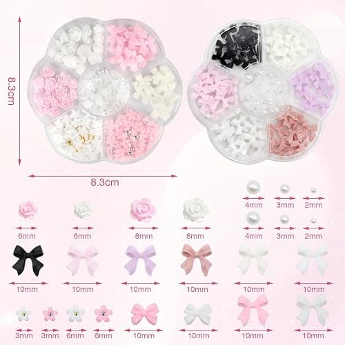 VEGCOO Nail Art Dekoration, 3 Teile Nail Charms 3D Rosa Weiße Schleife Blume Nagelsticker Blumen Gepaart Mit Perlen Nagel Steine Zum Heimwerken Charms Nägel Lifting Nail Art Charms thumbnail 2