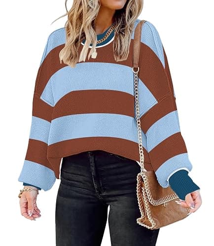ETCYY Womens Oversized Sweaters Fall 2025 Fashion Clothes Trendy Batwing Sleeve Colorblock Striped Knit Pullover Tops thumbnail 2