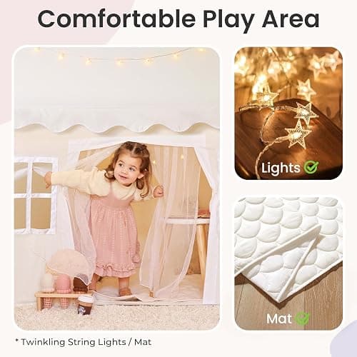 Tiny Land Play Tent with Padded Mat & LED Lights, Kids Tent, Playhouse for Kids, Indoor Bed Tent for Toddler, Toys for 3,4,5,6-Year-Old Girls, Neutral Color Play Room Furniture thumbnail 4