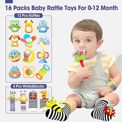AZEN 16 Pack Baby Rattles Teething Toys 3-6 Months, Baby Toys 0-6 Months, Newborn Infant Toys 6-12 Months, Essentials Must Haves Wrist Socks Toddler Stocking Stuffers Christmas Gifts thumbnail 2
