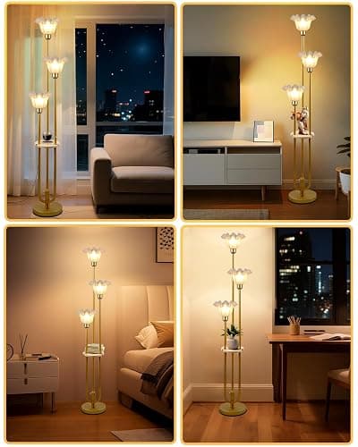 Lightdot Flower Floor Lamp for Living Room, Dimmable Vintage Floor Lamp with Shelf& Bulbs Included, 3 Light Warmwhite Mid Century Gold Floral Standing Tall Lamp for Bedroom/Sofa Beside/Corner Decor thumbnail 8