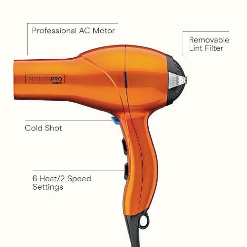 Infiniti PRO CONAIR Hair Dryer with Diffuser, Professional AC Motor, Tourmaline Ceramic Technology Blow Dryer, Includes Concentrator and Blowout Brush, Amazon Exclusive, Orange thumbnail 2