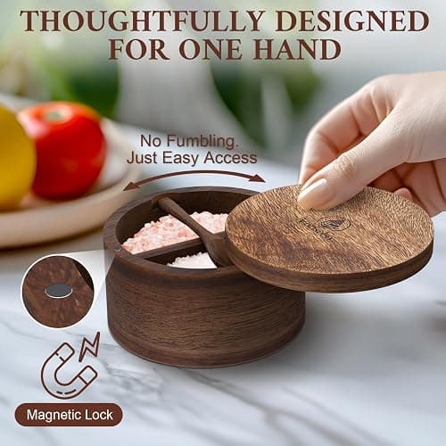 Vorisebo Acacia Wood Salt Container with Built-in Spoon, Elegant Salt Holder with Magnetic Swivel Lid, Salt Box for Kitchen to Storage Pepper, Spice or Favorite Seasonings, 5OZ (Two Compartments) thumbnail 3