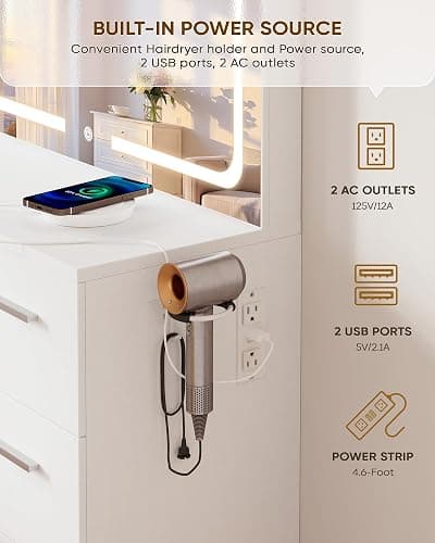 LIVELYGLOW Makeup Vanity Desk with Charging Station & LED Mirror – 35.4" Vanity Set with 4 Drawers, 3 Lighting Modes – Modern Bedroom Furniture (15.7" D x 35.4" W x 53.9" H), White thumbnail 5