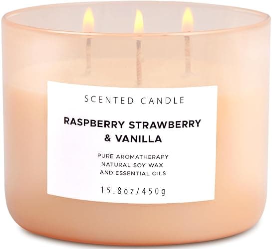 Raspberry Strawberry Vanilla 3-Wick Scented Soy Candle 15.8 oz | Large Sweet Berry Vanilla Scented Candle for Home | Relaxing Aromatherapy Candle | Strong Throw & Long Lasting - Image 1
