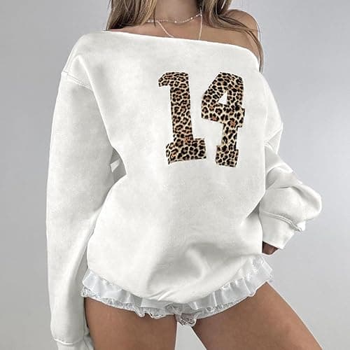 Hesaco Number 14 Off Shoulder Oversized Sweatshirt Women Long Sleeve Leopard Graphic Jerseys Y2k Pullover Streetwear thumbnail 4