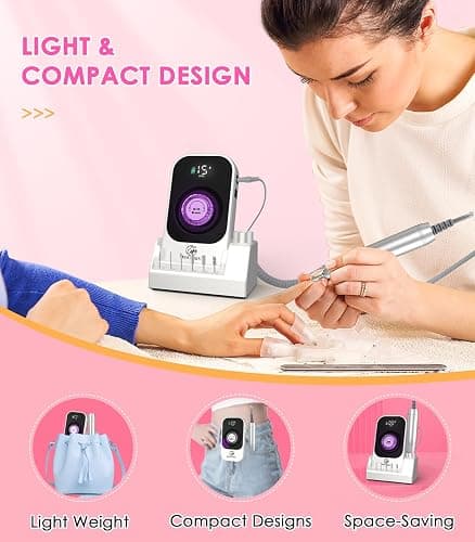 Portable Nail Drill Electric File: 40000RPM Professional Rechargeable Nail E-File Machine, Cordless Nail Drill with Bits & Base for Acrylic Nails Remove Nail Gel Polish Manicure for Salon Home, White thumbnail 5