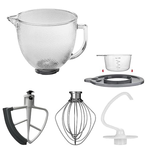 Replacement Glass Mixer Bowl with Lid and Attachments Set, 4.5-5 Qt,Compatible with Kitchenaid Tilt-Head Stand Mixers, Includes Beaters, Dough Hook, Wire Whip (Frosted color) - Image 1